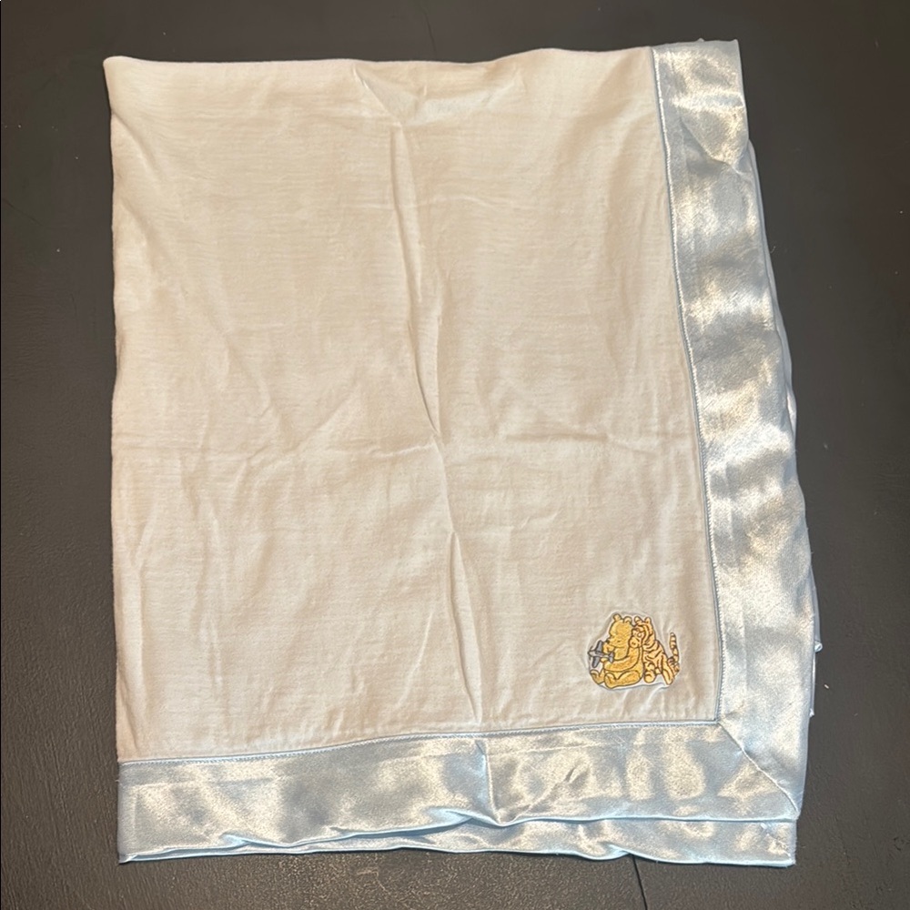 Vintage Pooh baby blue Blanket with Blue Satin Trim